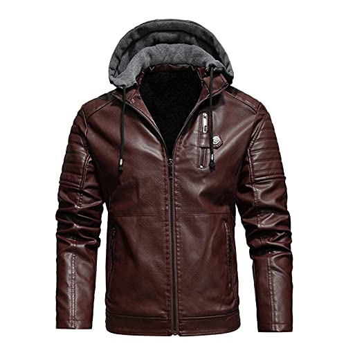 Herren Kunstleder Bikerjacke Mit Kapuze Jacke Innenfleece Winterparka Herren Fleecejacke Lederjacken Herren mit Kapuze Winterjacke GroßE GrößEn Herren Einfarbig Motorrad Jacke mit Reverskragen XL-5XL