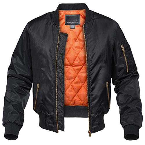 KEFITEVD Herren Bomberjacke Militär Wattiert Jacke US Army Fliegerjacke Bomber mit Stehkragen Ärmeltasche College Jacke Männer Übergangsjacke Schwarz L