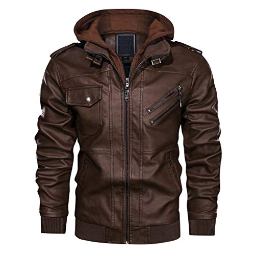 KEFITEVD Herbstjacke Herrenjacke Kunst-Lederjacke Herren Biker Winter Jacke Warm PU Leder Winterjacke Basic Pilotenjacke Militär Cargo Jacke Männer Braun 2XL