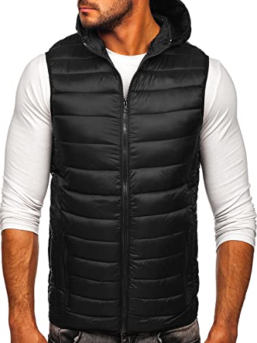 BOLF Herren Weste mit Kapuze Steppweste Bodywarmer Kapuzenweste Daunenweste Reißverschluss Weste Ärmellose Sportweste Zip Wärme Freizeit Outdoor Style 13072 Schwarz XL [1U1]