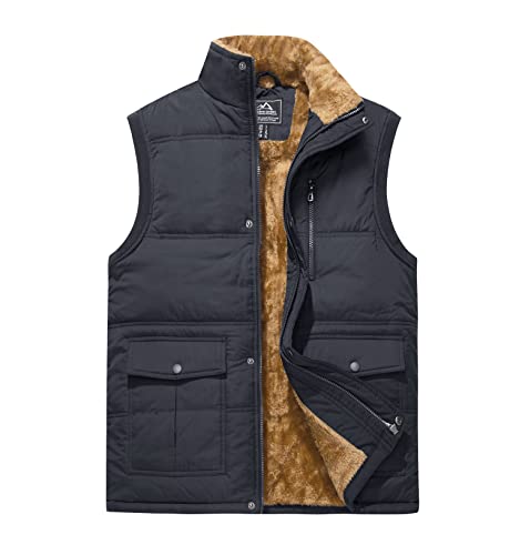 MAGCOMSEN Herren Fleece Gefüttert Weste Ärmellos Outdoor Jacke mit Multi Taschen Herren Winddicht Daunenweste Outdoor Anglerweste Winter Stehkragen Funktionsweste Dunkelgrau XL