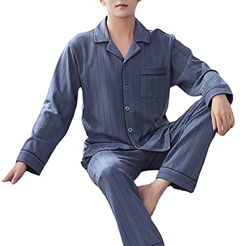 YZJYB Herren Zweiteiliger Schlafanzug Hausanzug Baumwolle Lange Ärmel Pyjama Set Knopfleiste Komfortabel Nachtwäsche,XL