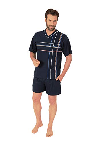 Eleganter Herren Kurzarm Schlafanzug Shorty Pyjama – 55422, Farbe:Navy, Größe:46