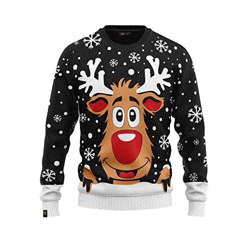 JAP Rudolf das Rentier Schwarz – Lustiger Hässlicher Weihnachtspullover Für Damen und Herren Ugly Christmas Sweater