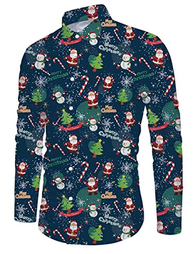 IDGREATIM Xmas Hemd Herren Christmas Shirt Druck Tier Langarm Weihnachten Buttons Down Hawaii Style Herren Oberteile Rot