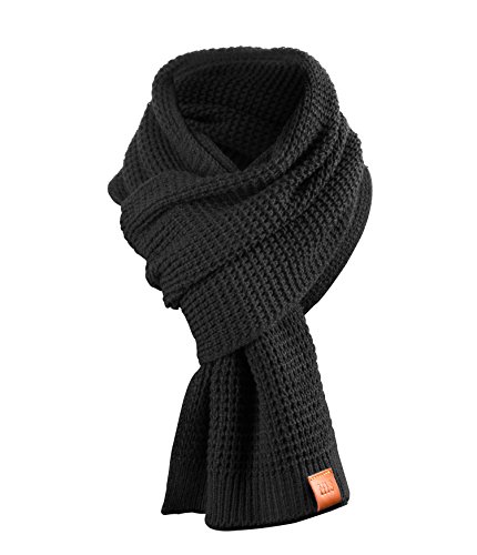 Rough Scarf – Schal, Strickschal, Langschal mit Echt-Leder Veredelung (Manufaktur13/M13) (Schwarz)