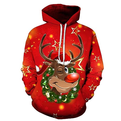 Hoodie Herren Pullover Lustige 3D Weihnachten Pullover Merry Christmas Weihnachtspullover Weihnachtsmann Langarm Sweatshirt für Jungen Winter Hoodie Sweatshirt Rot XXL