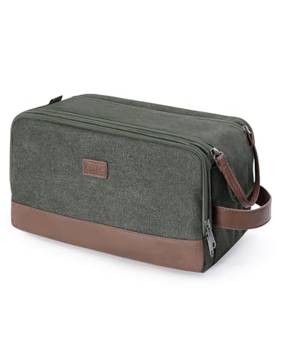 WANDF Kulturtasche für Herren, Reise-Kulturbeutel, Kosmetiktasche mit Segeltuch und PU Leder, Wasserabweisende Rasiertasche für Reisezubehör(Grün, Patent angemeldet)