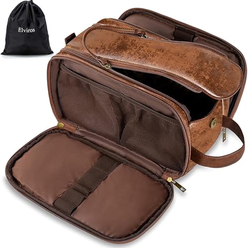 Elviros Kulturbeutel PU-Leder für Herren große wasserdichte Reise-Kulturtasche Waschtasche im Bade Kosmetiktasche mit einem Nass-Trockenbeutel (Dunkel Braun)