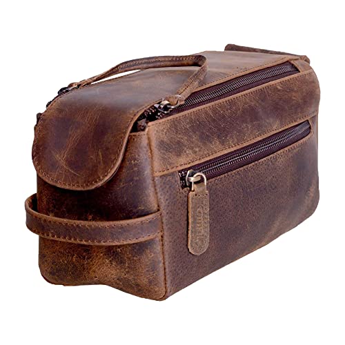KomalC Reise-Kulturbeutel aus hochwertigem Büffelleder für Damen und Herren, Antik Braun, 9.3x5x4.3 Inch (Pack of 1), Dopp Reise-Kulturbeutel
