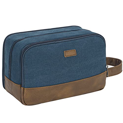 WANDF Kulturtasche für Herren Reise-Kulturtasche,Dopp-Kit aus Canvas,Wasserabweisende vegane Ledertasche für Rasierutensilien und Toilettenartikel (Blau)