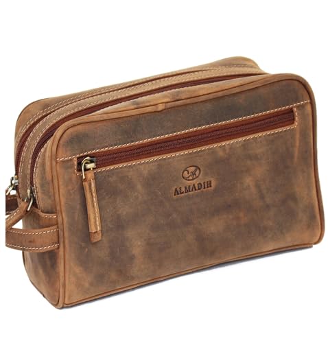 ALMADIH große Leder Kulturtasche für Damen und Herren Braun Vintage – Premium Badetasche Kulturbeutel Kosmetiktasche mit Doppel Reißverschluss (Pietro Vintage)