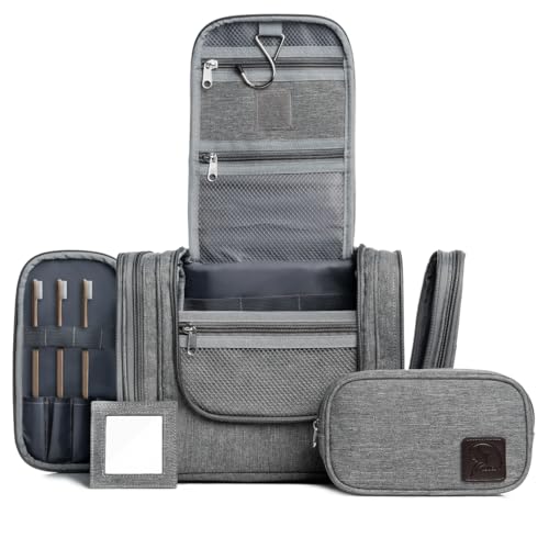 Obics Kulturbeutel Herren & Damen Gross grau 8L XL – Kulturtasche zum Aufhängen & mit Spiegel – Toiletten-Tasche mit Henkel hängend – Kosmetik-Beutel groß – Waschtasche 10 Fächer für Camping Reisen